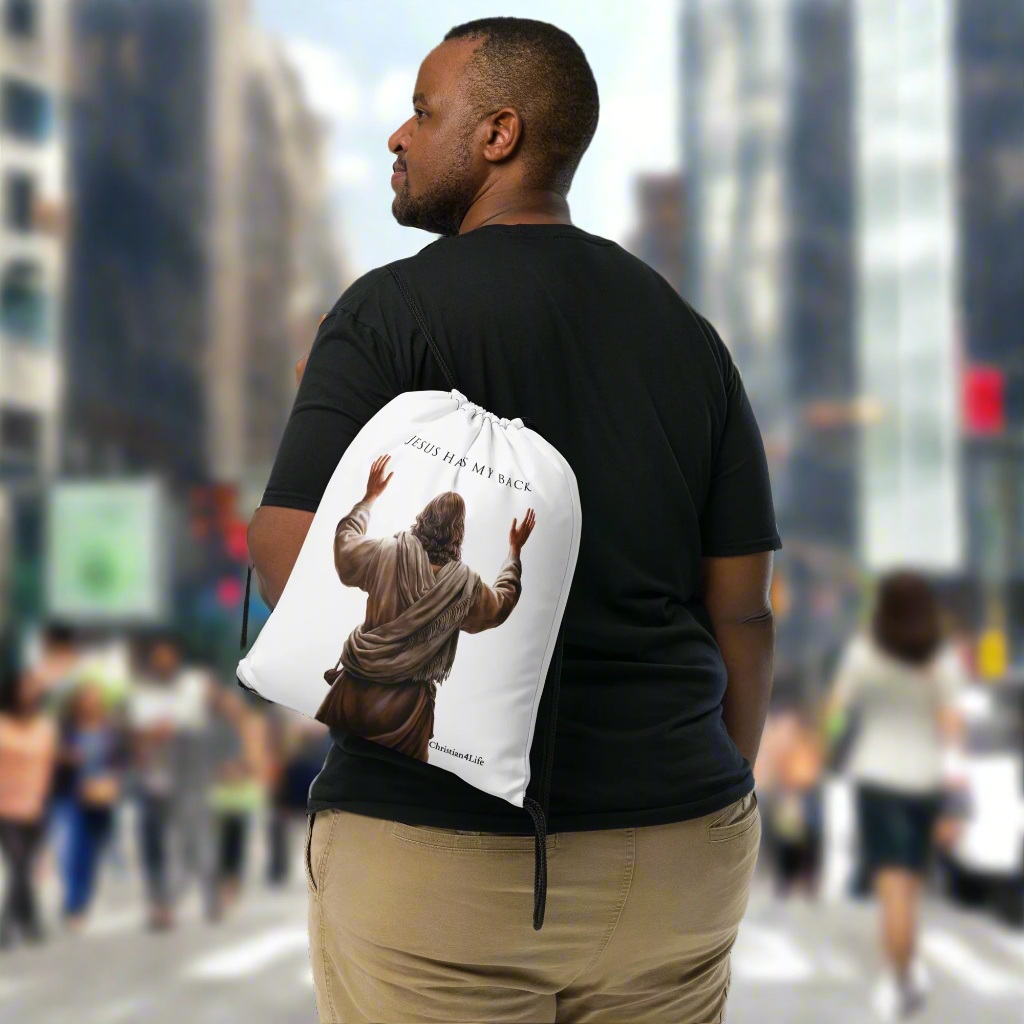 "Jesus Has My Back" Drawstring bag  15″ × 17″ (white)