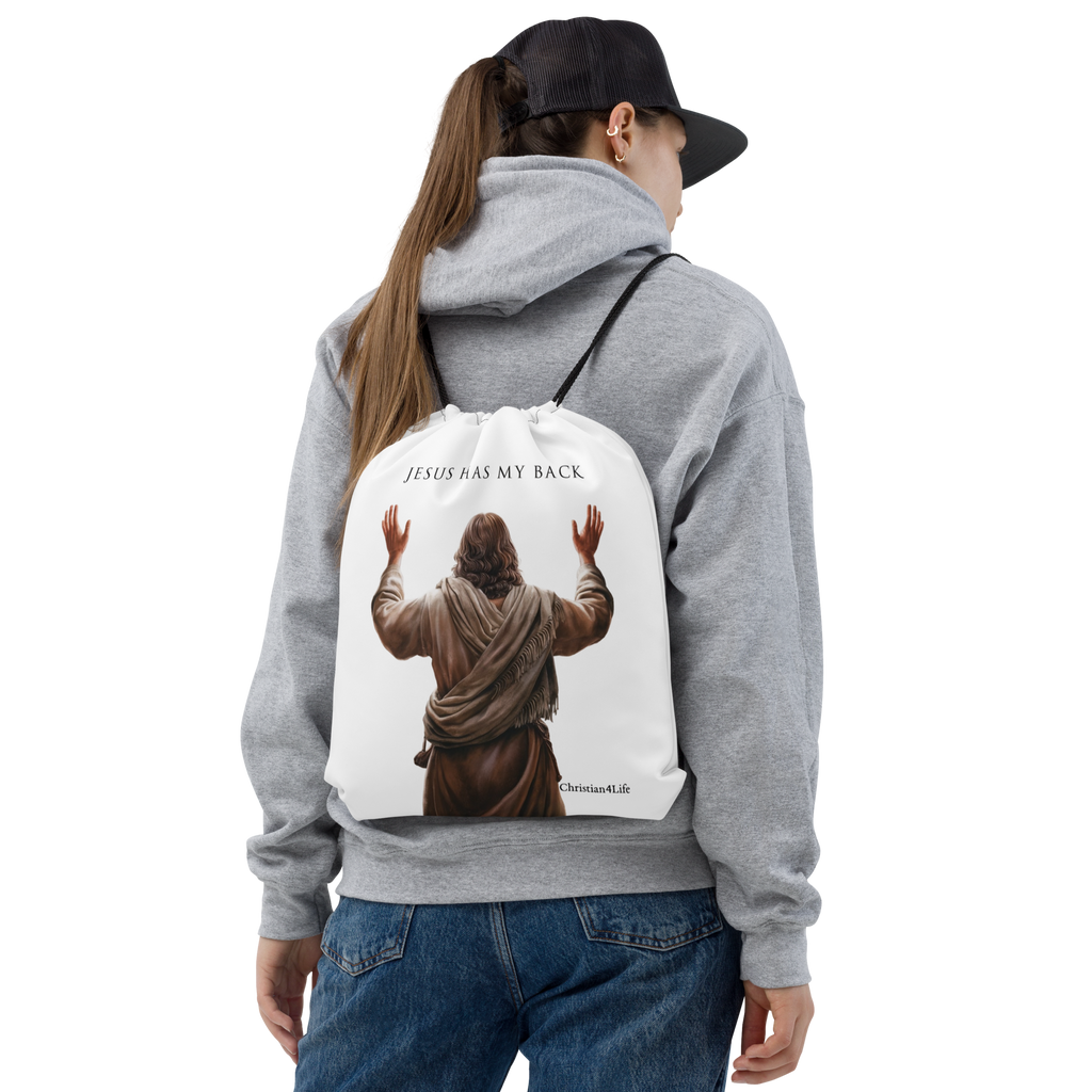 "Jesus Has My Back" Drawstring bag  15″ × 17″ (white)
