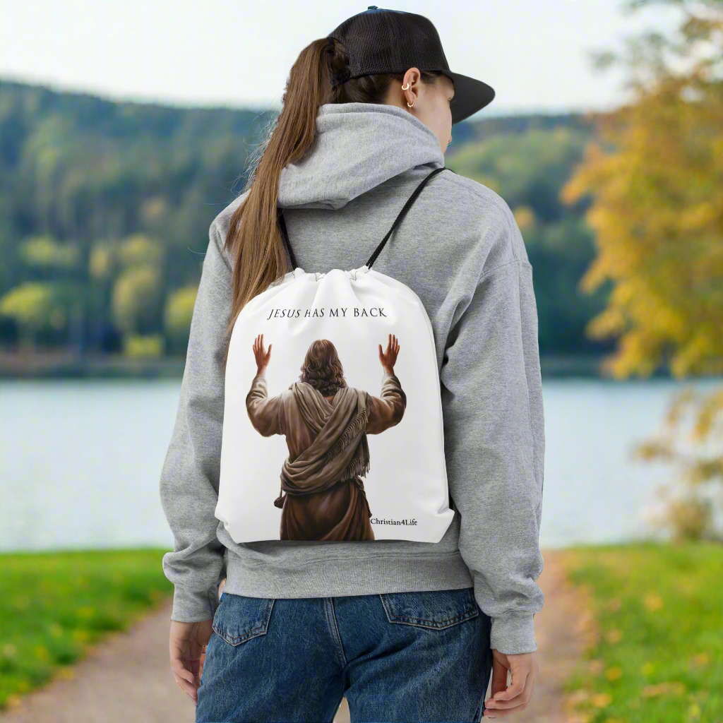 "Jesus Has My Back" Drawstring bag  15″ × 17″ (white)