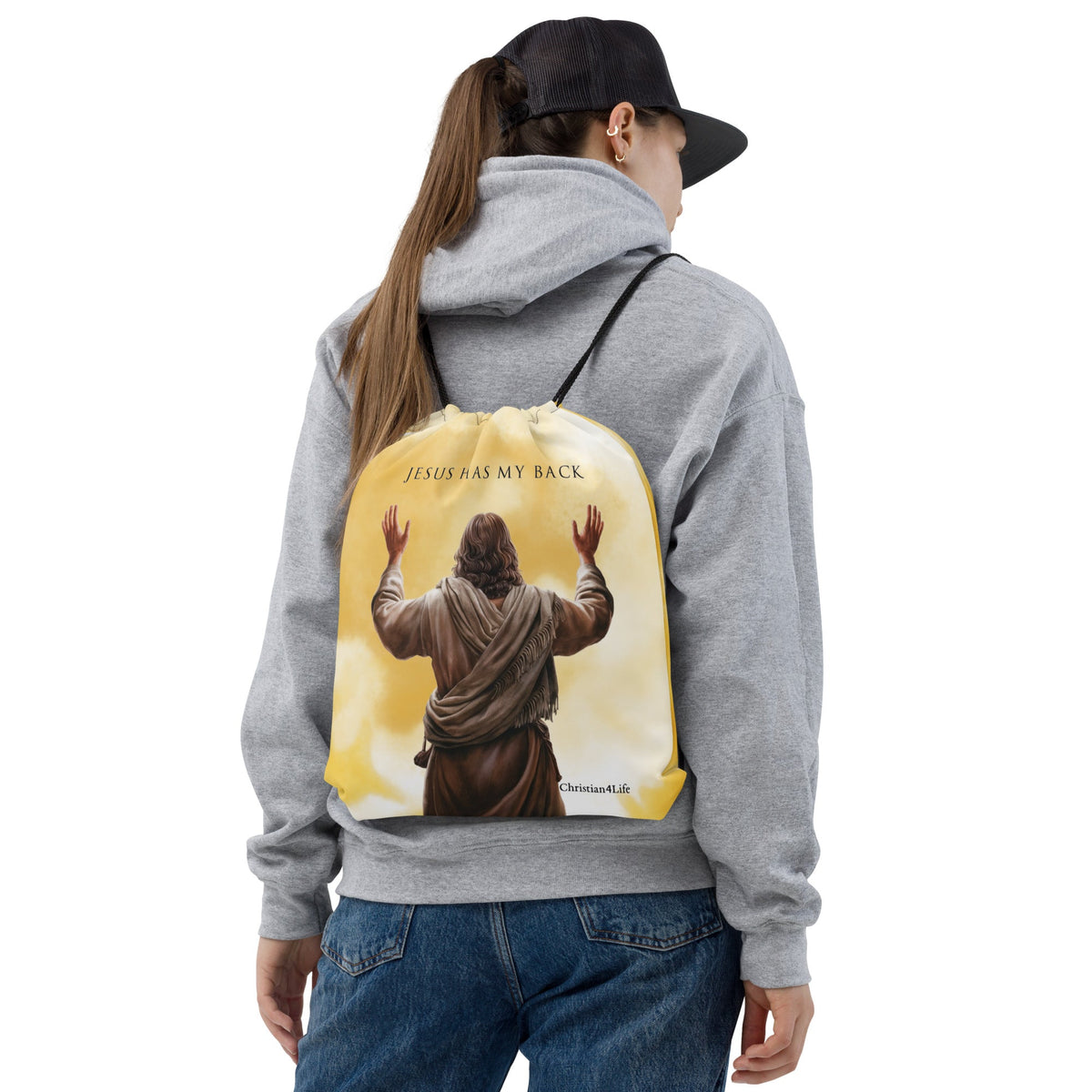 "Jesus Has My Back" Drawstring bag 15″ × 17″ (yellow tie-dye)