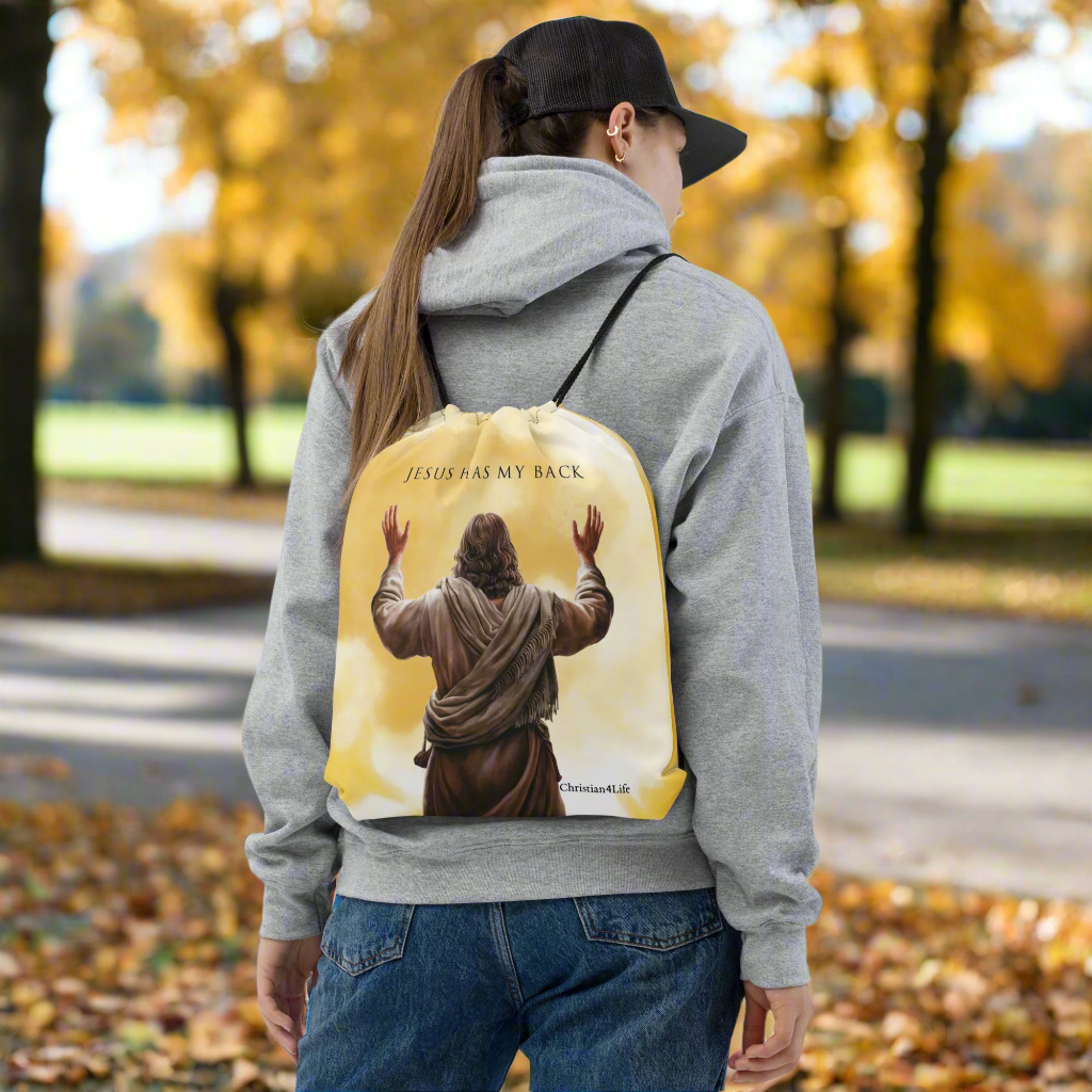 "Jesus Has My Back" Drawstring bag 15″ × 17″ (yellow tie-dye)