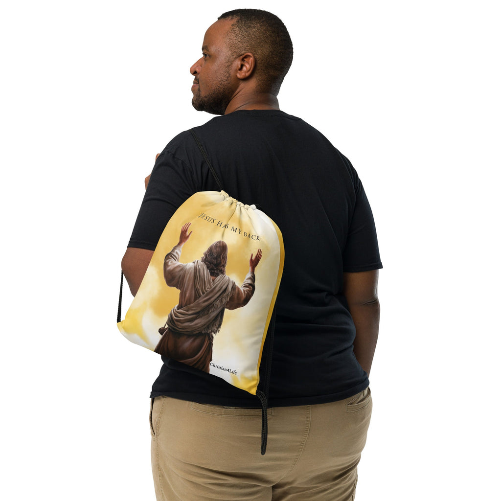 "Jesus Has My Back" Drawstring bag 15″ × 17″ (yellow tie-dye)