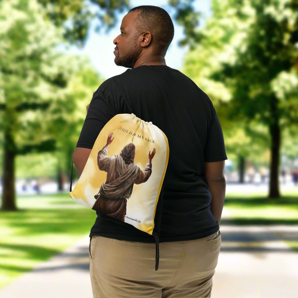 "Jesus Has My Back" Drawstring bag 15″ × 17″ (yellow tie-dye)