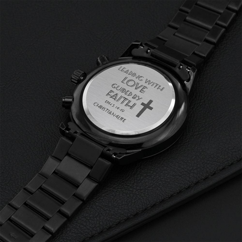 Leading with Love Engraved Design Black Chronograph Watch
