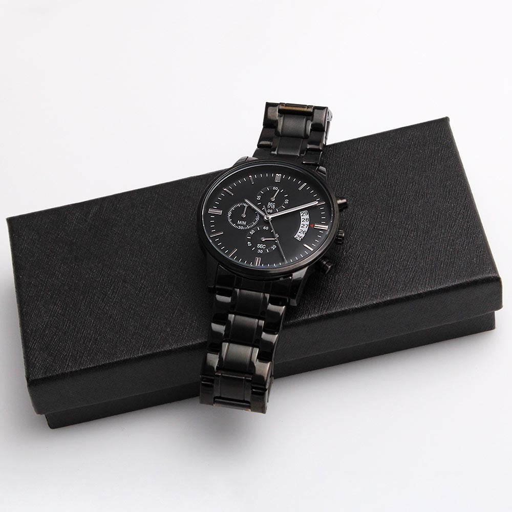 Leading with Love Engraved Design Black Chronograph Watch