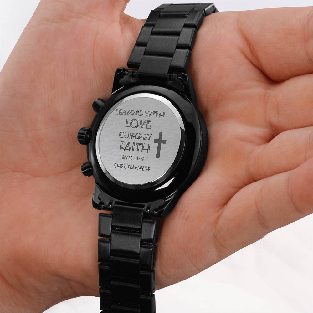 Leading with Love Engraved Design Black Chronograph Watch