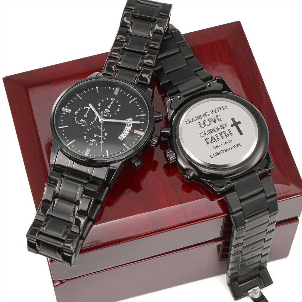 Leading with Love Engraved Design Black Chronograph Watch