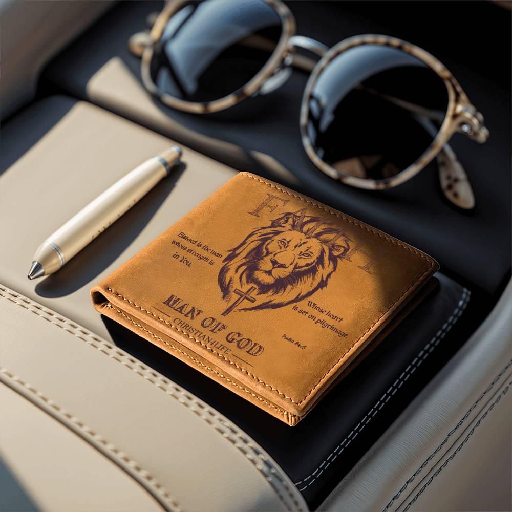 "Man of God" with Psalm 84:5 quote, Graphic Leather Wallet, Christian wallet, Lion and Cross Christian gift