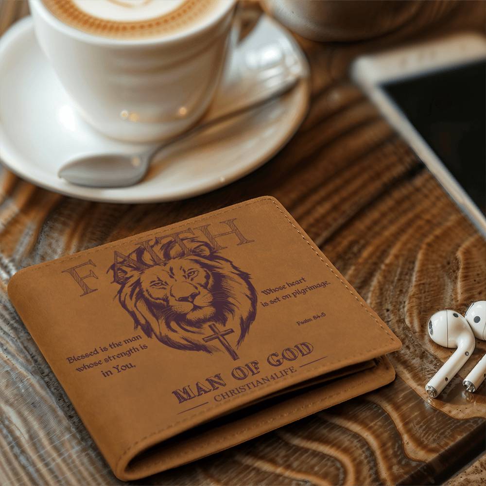 "Man of God" with Psalm 84:5 quote, Graphic Leather Wallet, Christian wallet, Lion and Cross Christian gift