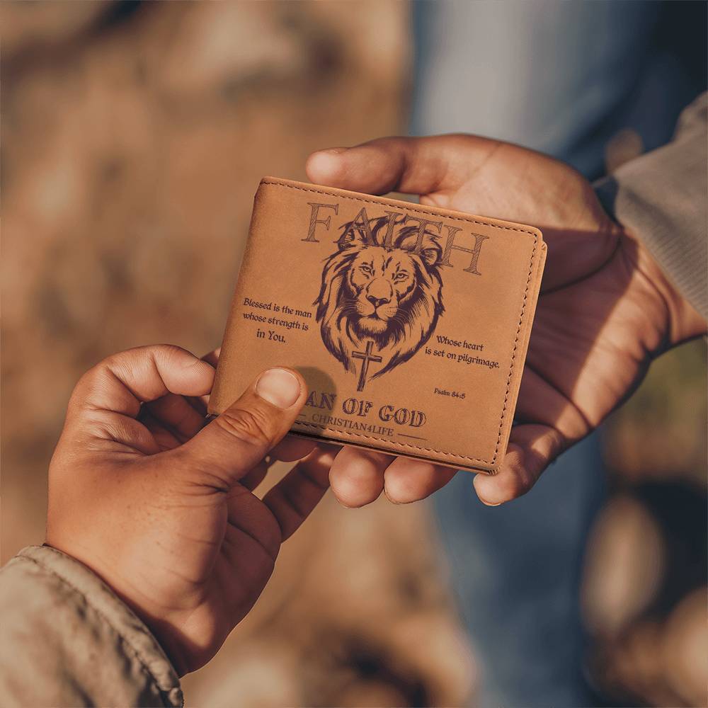 "Man of God" with Psalm 84:5 quote, Graphic Leather Wallet, Christian wallet, Lion and Cross Christian gift