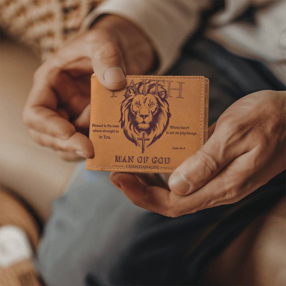 "Man of God" with Psalm 84:5 quote, Graphic Leather Wallet, Christian wallet, Lion and Cross Christian gift