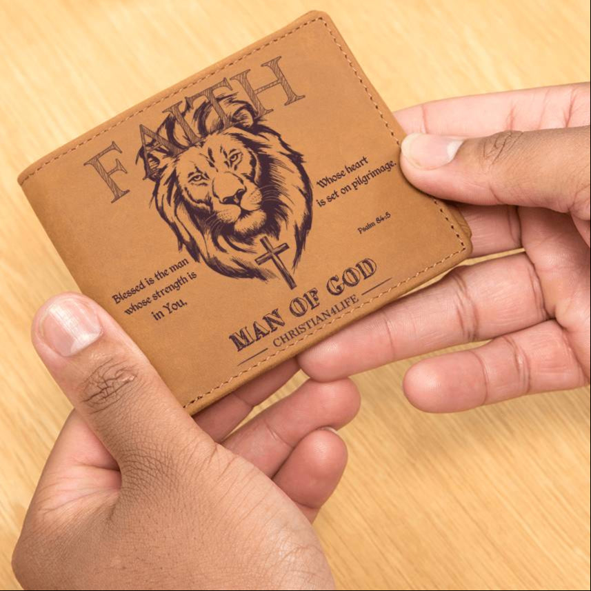 "Man of God" with Psalm 84:5 quote, Graphic Leather Wallet, Christian wallet, Lion and Cross Christian gift