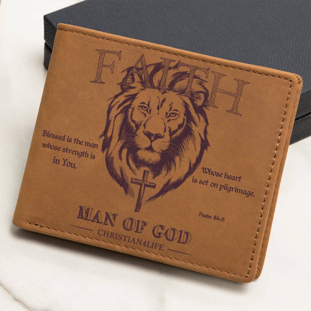 "Man of God" with Psalm 84:5 quote, Graphic Leather Wallet, Christian wallet, Lion and Cross Christian gift