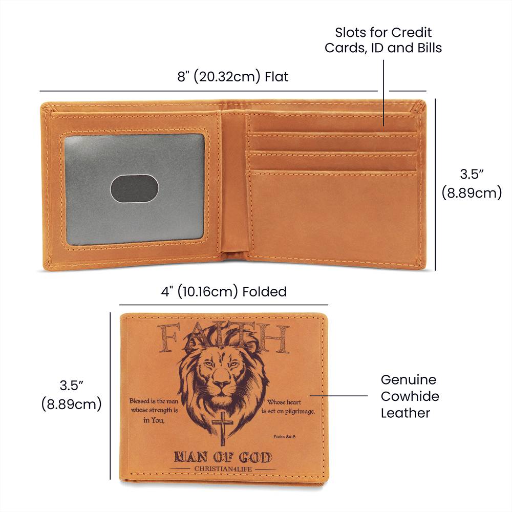 "Man of God" with Psalm 84:5 quote, Graphic Leather Wallet, Christian wallet, Lion and Cross Christian gift