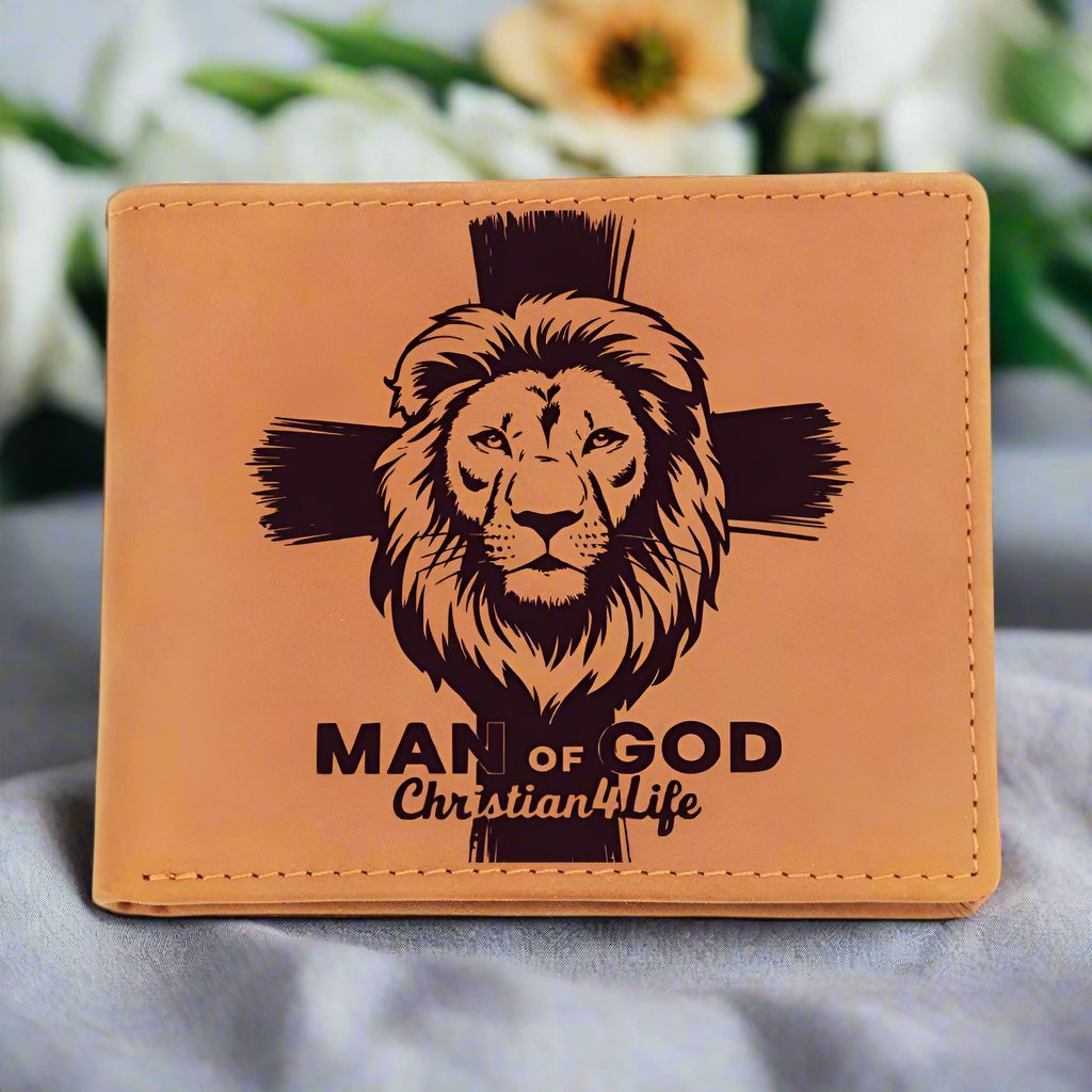 Lion and Cross Christian "Man of God" Graphic Leather Wallet