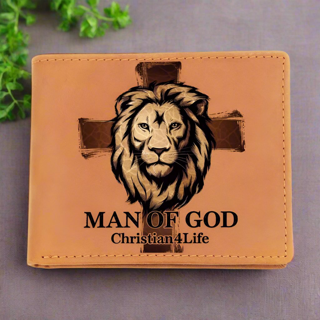 "Man of God" Lion and Cross collection Christian Graphic Leather Wallet - Christian gift
