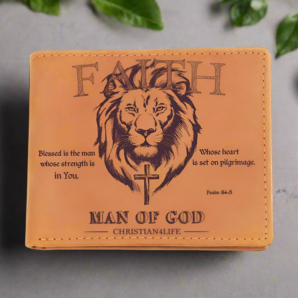 "Man of God" with Psalm 84:5 quote, Graphic Leather Wallet, Christian wallet, Lion and Cross Christian gift