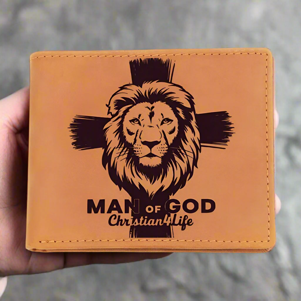 Lion and Cross Christian "Man of God" Graphic Leather Wallet