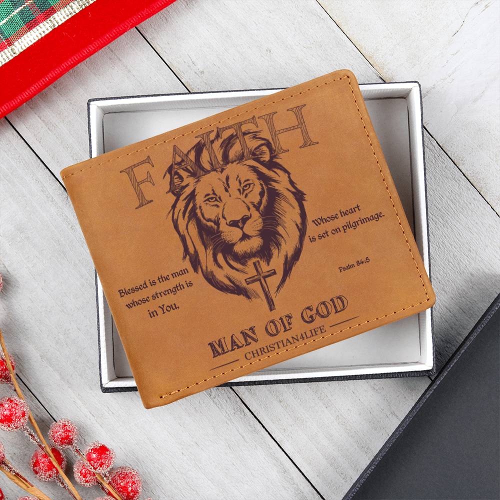 "Man of God" with Psalm 84:5 quote, Graphic Leather Wallet, Christian wallet, Lion and Cross Christian gift