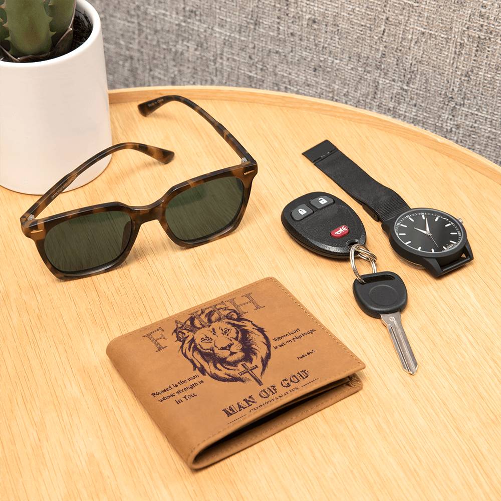 "Man of God" with Psalm 84:5 quote, Graphic Leather Wallet, Christian wallet, Lion and Cross Christian gift