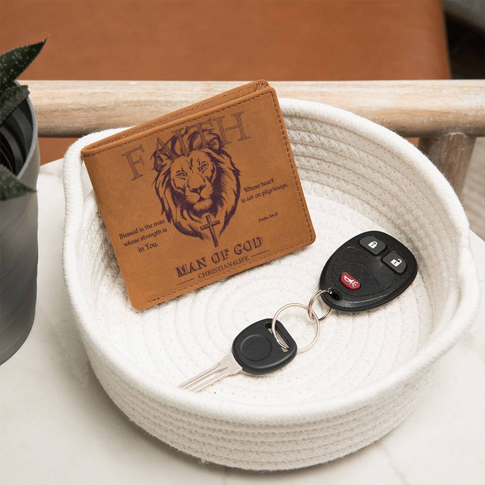 "Man of God" with Psalm 84:5 quote, Graphic Leather Wallet, Christian wallet, Lion and Cross Christian gift