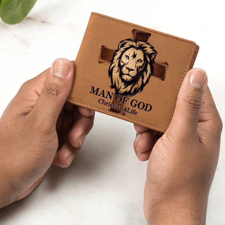"Man of God" Lion and Cross collection Christian Graphic Leather Wallet - Christian gift