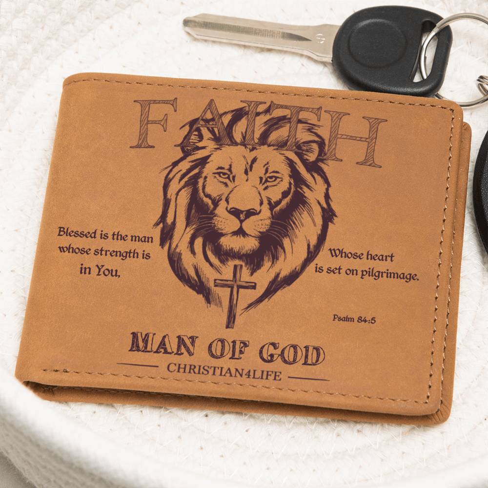 "Man of God" with Psalm 84:5 quote, Graphic Leather Wallet, Christian wallet, Lion and Cross Christian gift