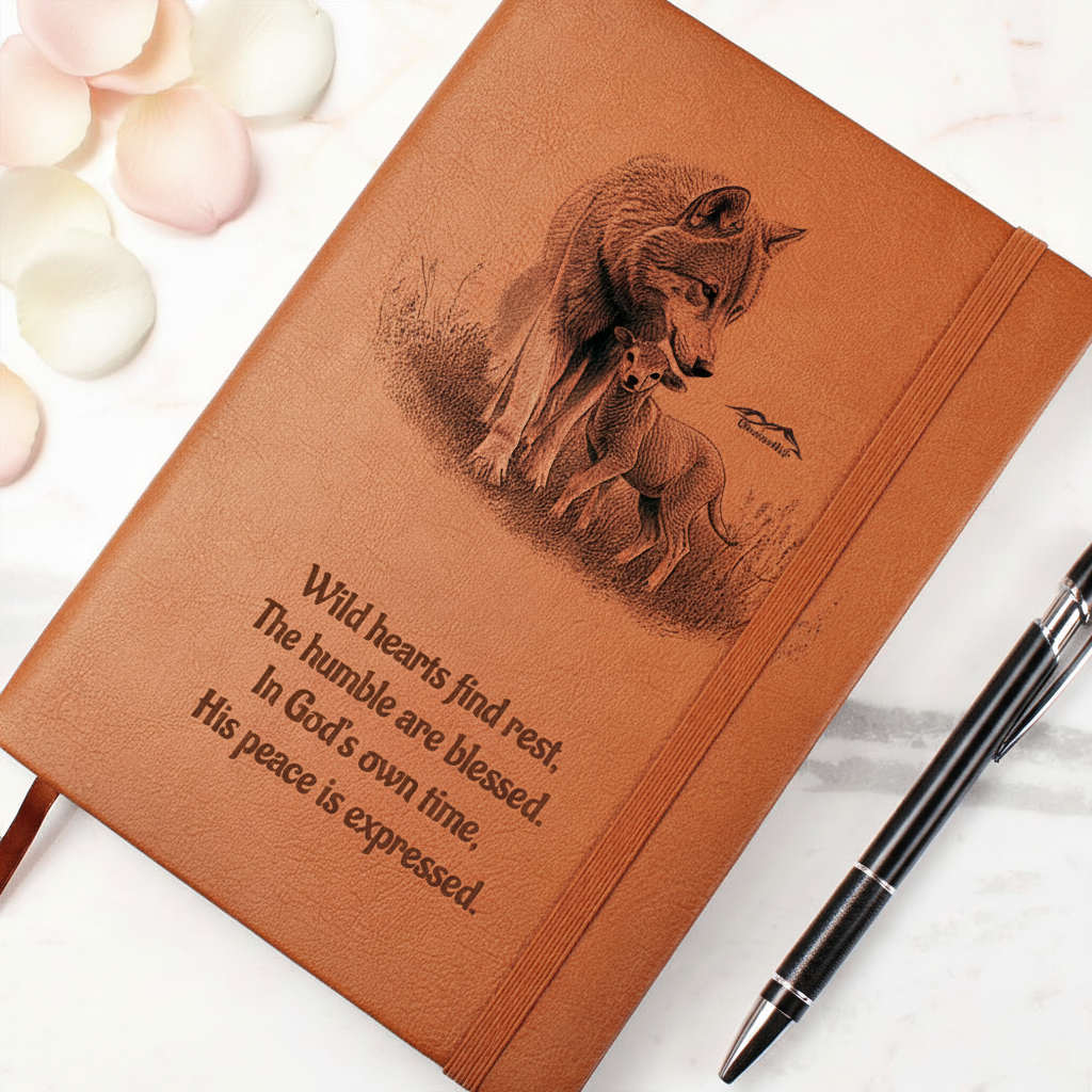 "In God's own time" Christian Journal featuring wolf and lamb inspired by Isaiah 11:6