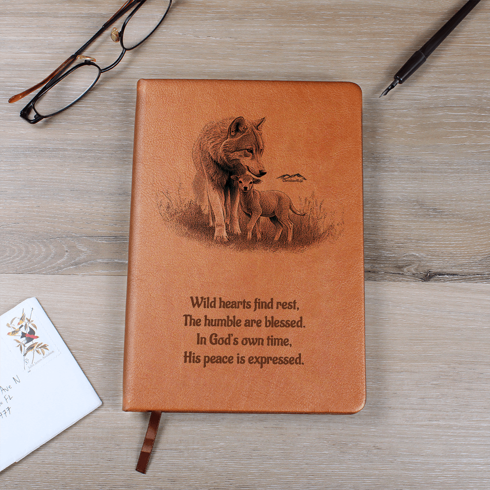 "In God's own time" Christian Journal featuring wolf and lamb inspired by Isaiah 11:6