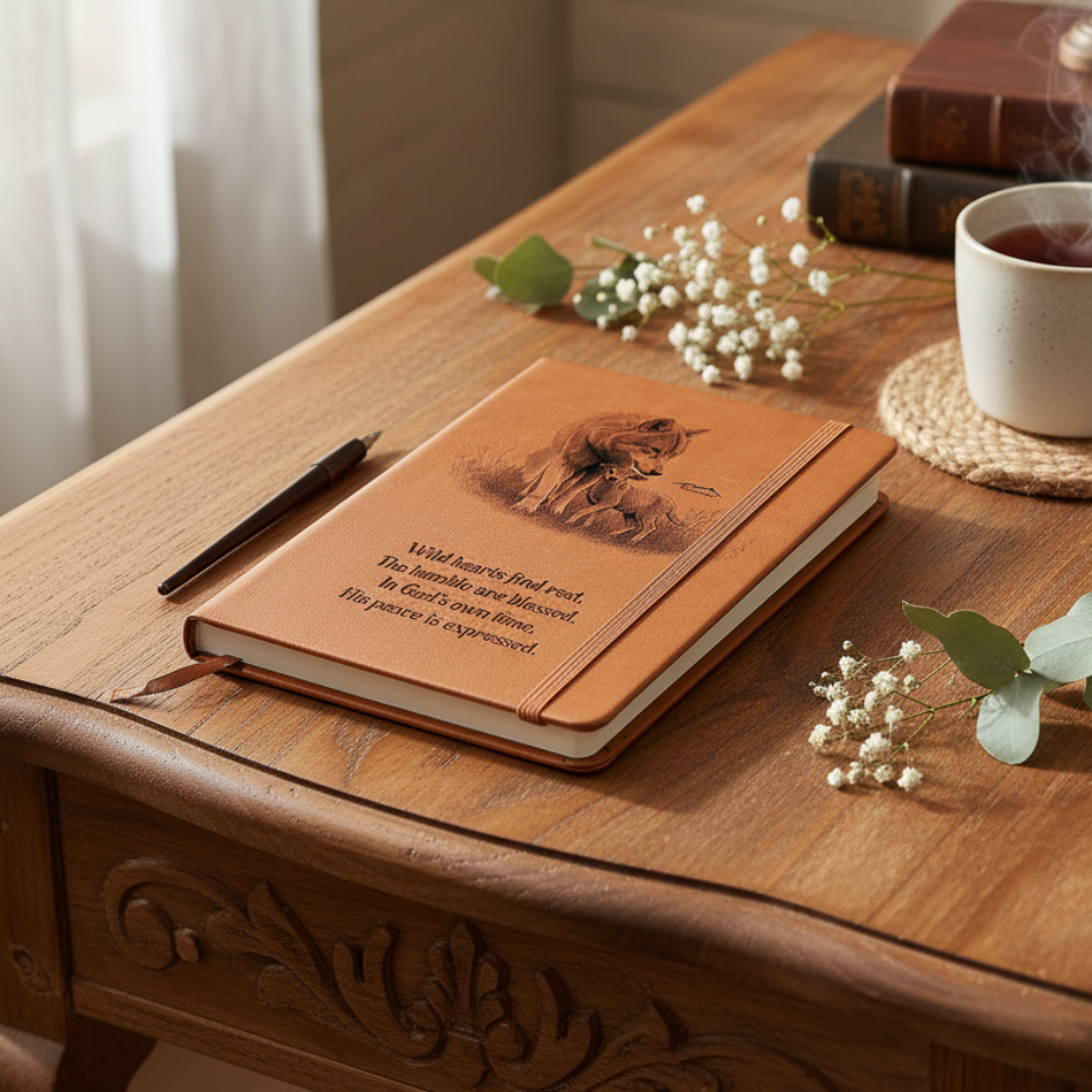 "In God's own time" Christian Journal featuring wolf and lamb inspired by Isaiah 11:6