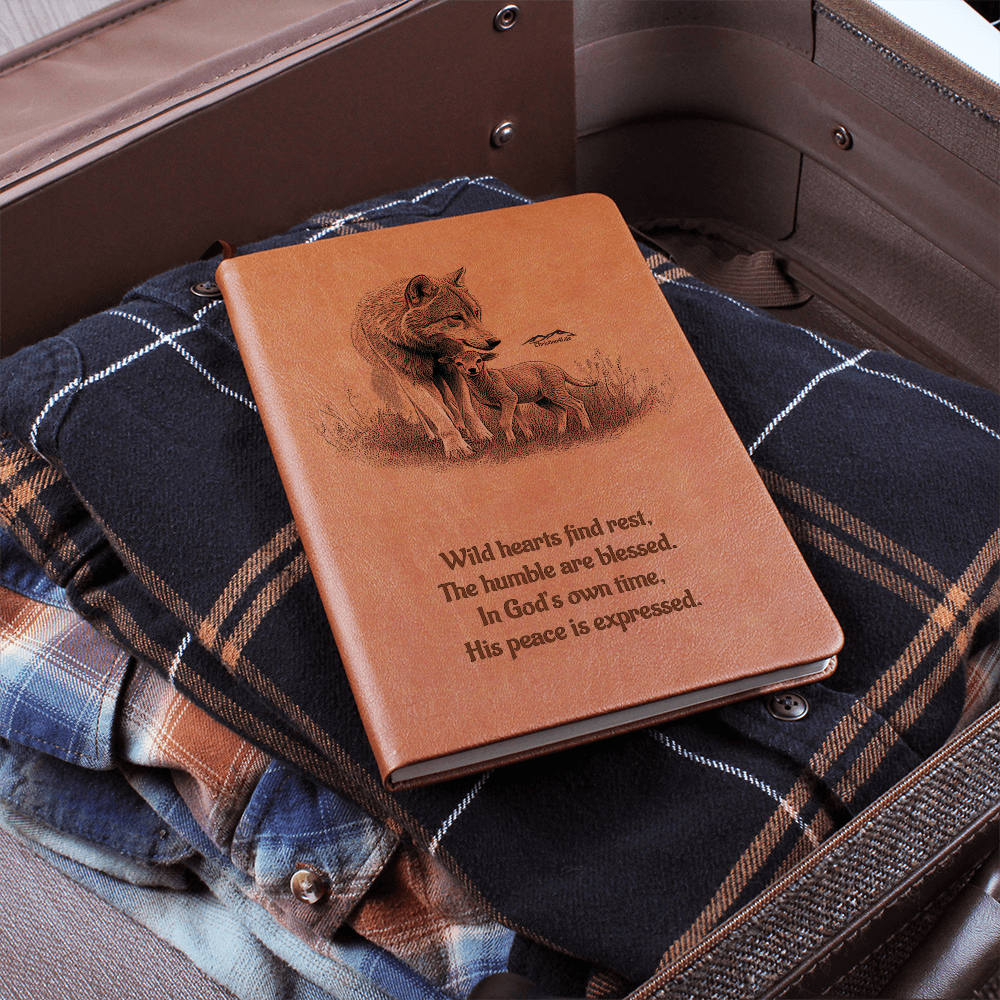 "In God's own time" Christian Journal featuring wolf and lamb inspired by Isaiah 11:6