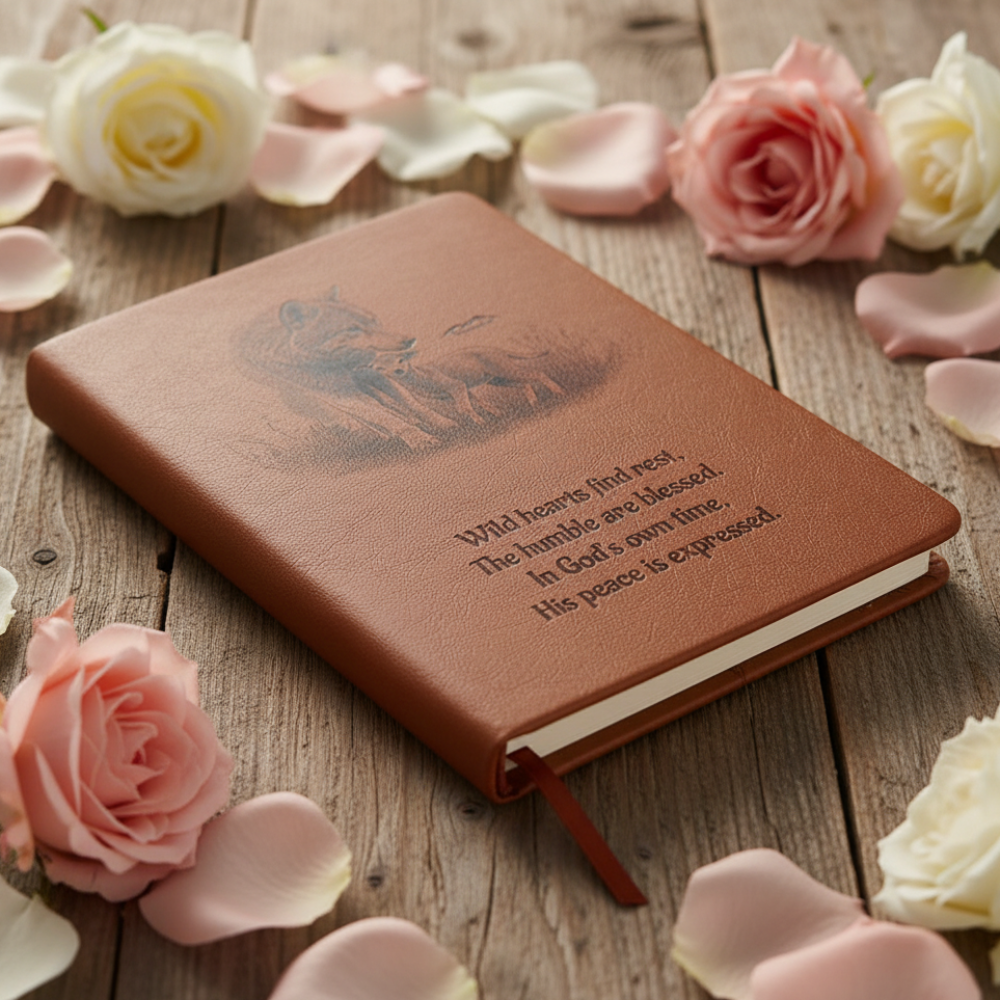 "In God's own time" Christian Journal featuring wolf and lamb inspired by Isaiah 11:6