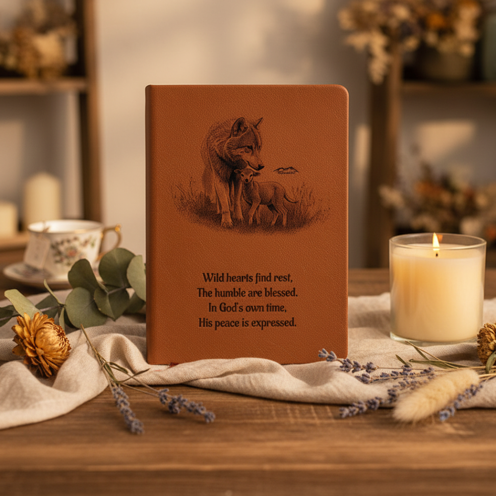 "In God's own time" Christian Journal featuring wolf and lamb inspired by Isaiah 11:6