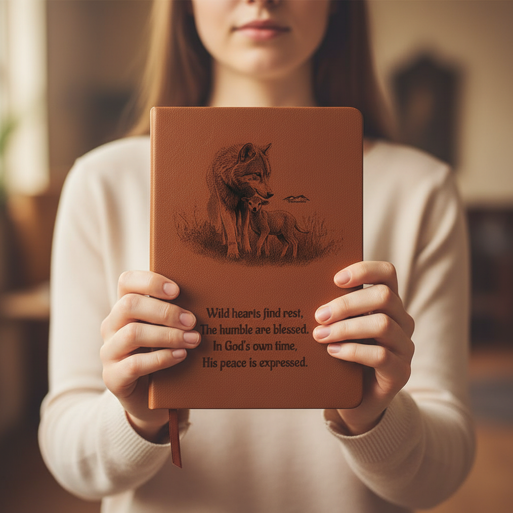 "In God's own time" Christian Journal featuring wolf and lamb inspired by Isaiah 11:6