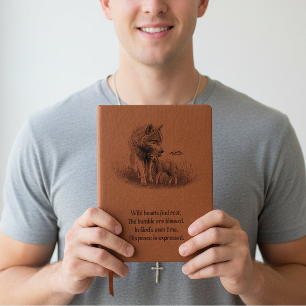 "In God's own time" Christian Journal featuring wolf and lamb inspired by Isaiah 11:6