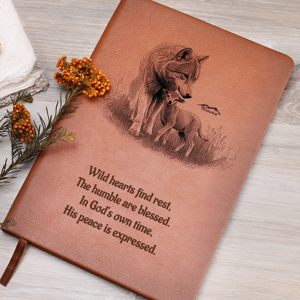 "In God's own time" Christian Journal featuring wolf and lamb inspired by Isaiah 11:6