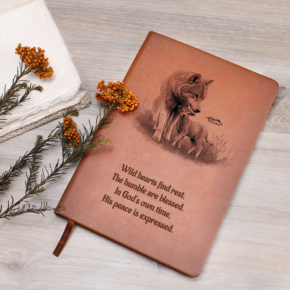 "In God's own time" Christian Journal featuring wolf and lamb inspired by Isaiah 11:6