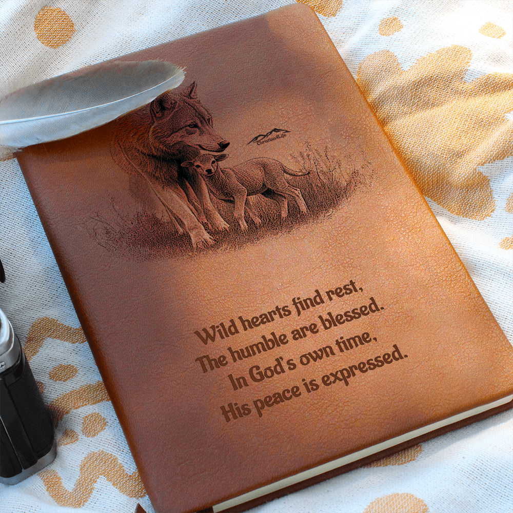 "In God's own time" Christian Journal featuring wolf and lamb inspired by Isaiah 11:6