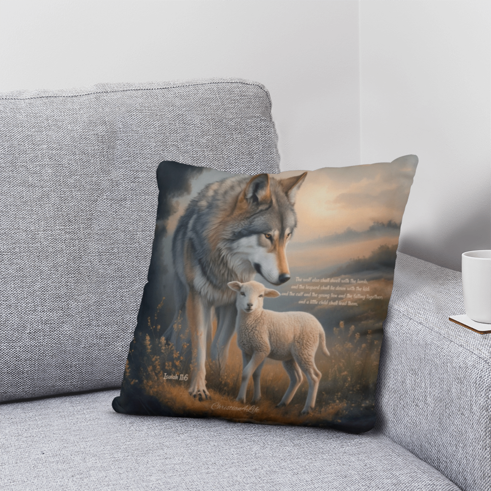 Wolf and Lamb Bible Verse Classic Pillow Isaiah 11:6 Bible quote, KJV (multiple sizes)