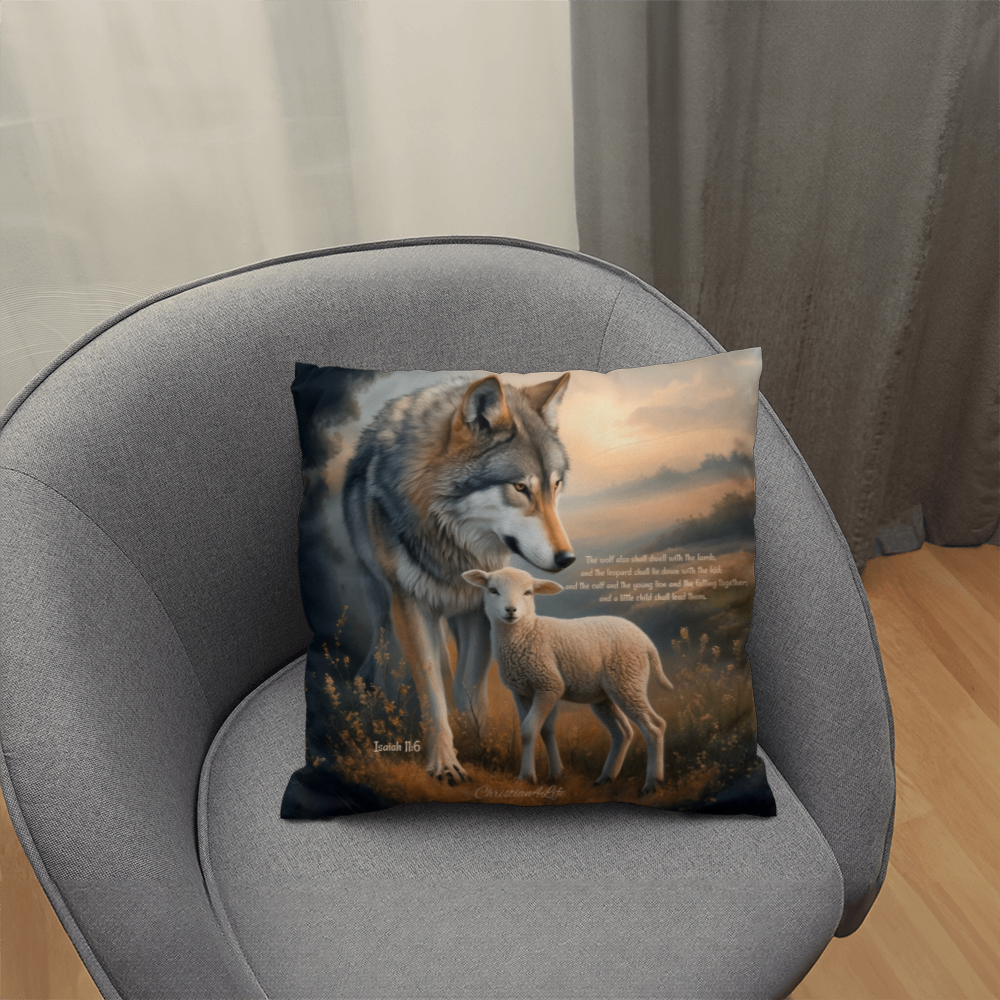 Wolf and Lamb Bible Verse Classic Pillow Isaiah 11:6 Bible quote, KJV (multiple sizes)