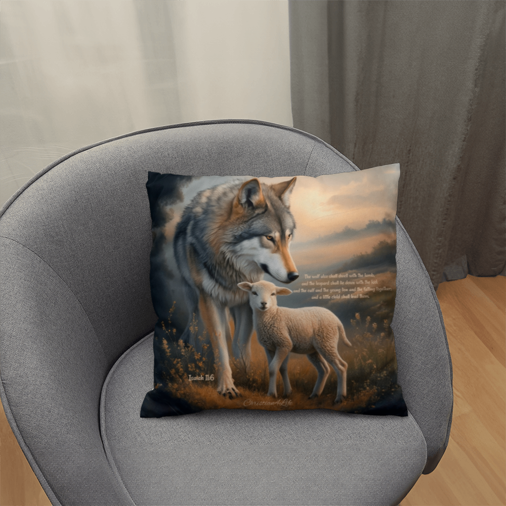 Wolf and Lamb Bible Verse Classic Pillow Isaiah 11:6 Bible quote, KJV (multiple sizes)
