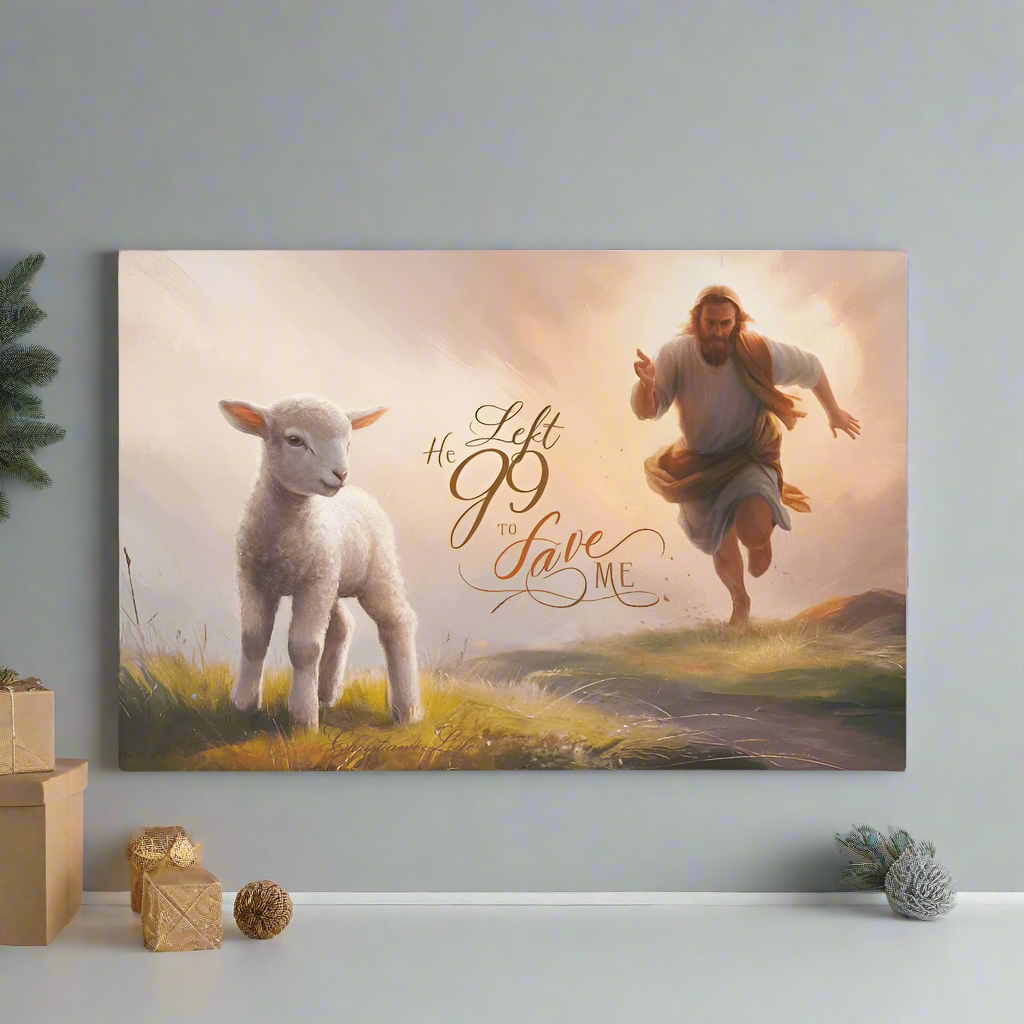 "He Left 99 to Save Me" Oil Style Gallery Wrapped Christian Wall Art Canvas (3:2)