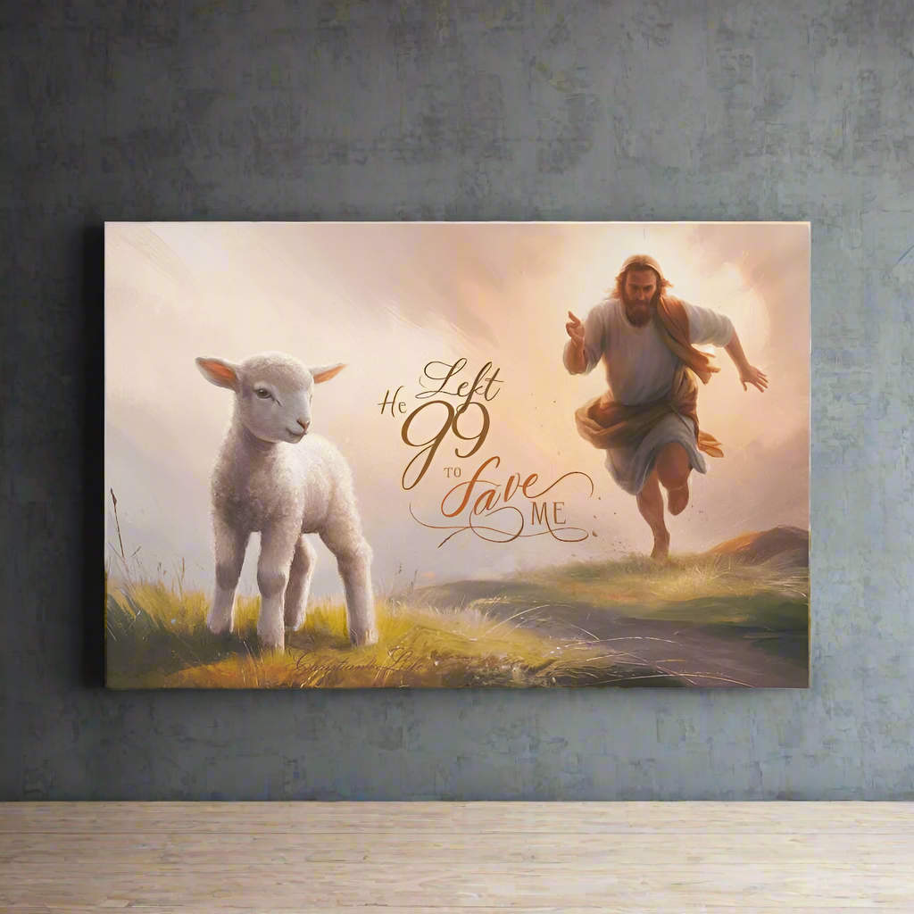"He Left 99 to Save Me" Oil Style Gallery Wrapped Christian Wall Art Canvas (3:2)