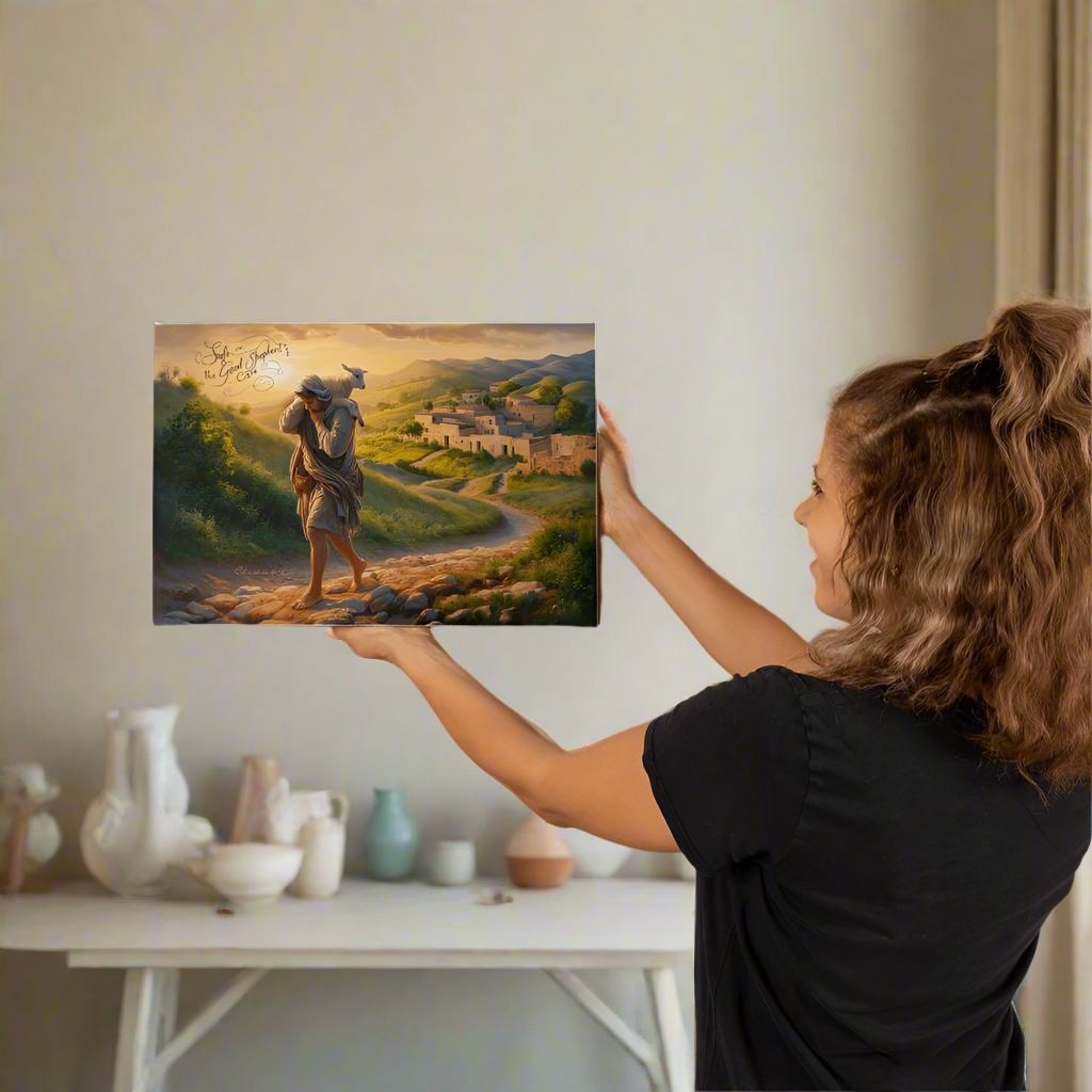 "Safe in the Good Shepherd's care" Gallery Wrapped Christian Wall Art Canvas (3:2)