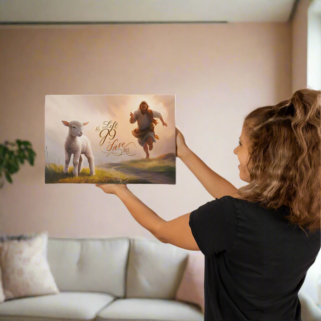 "He Left 99 to Save Me" Oil Style Gallery Wrapped Christian Wall Art Canvas (3:2)