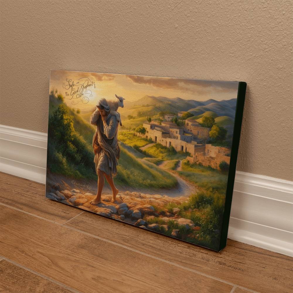 "Safe in the Good Shepherd's care" Gallery Wrapped Christian Wall Art Canvas (3:2)