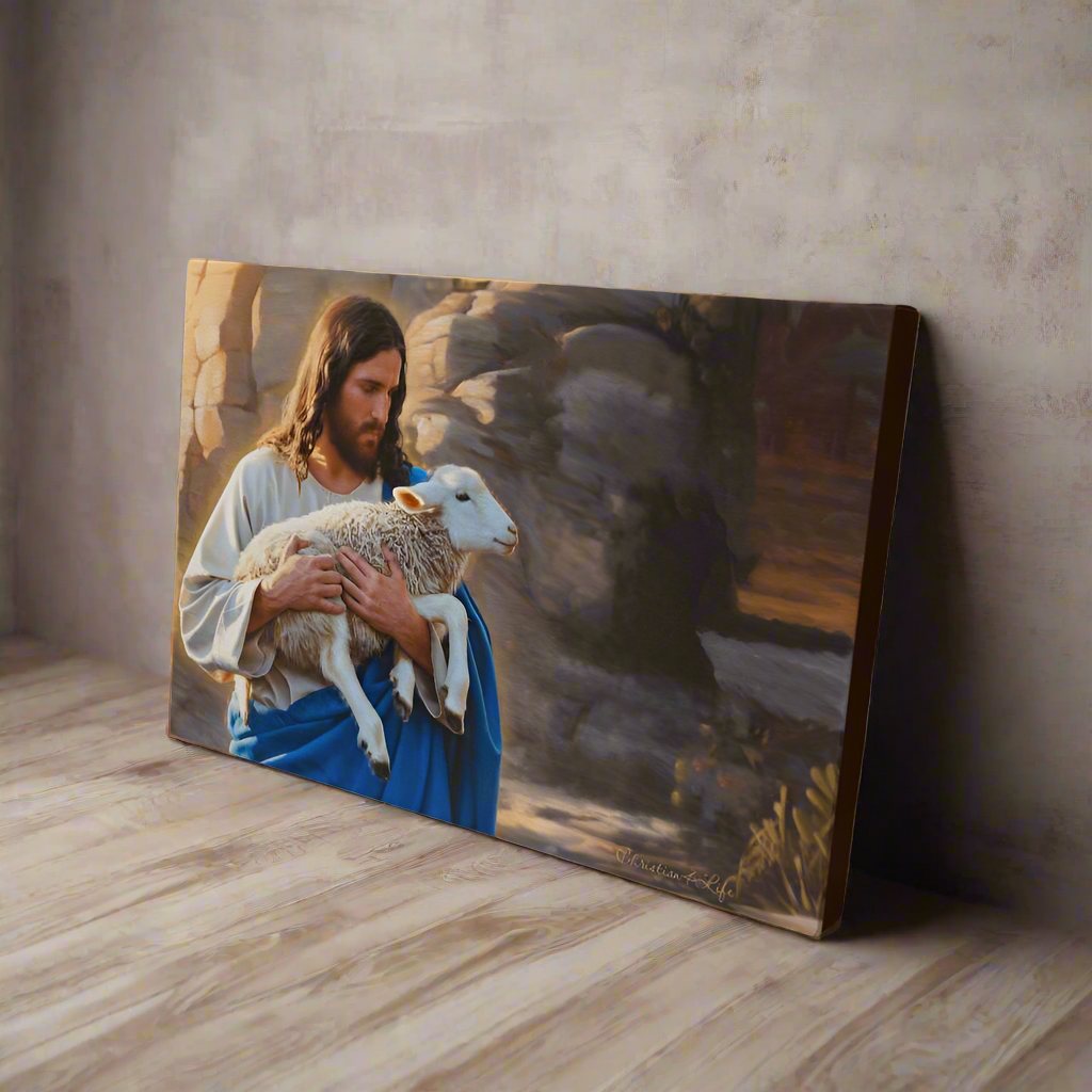 Shepherd holding sheep - Beautiful Gallery Wrapped Christian Wall Art Canvas