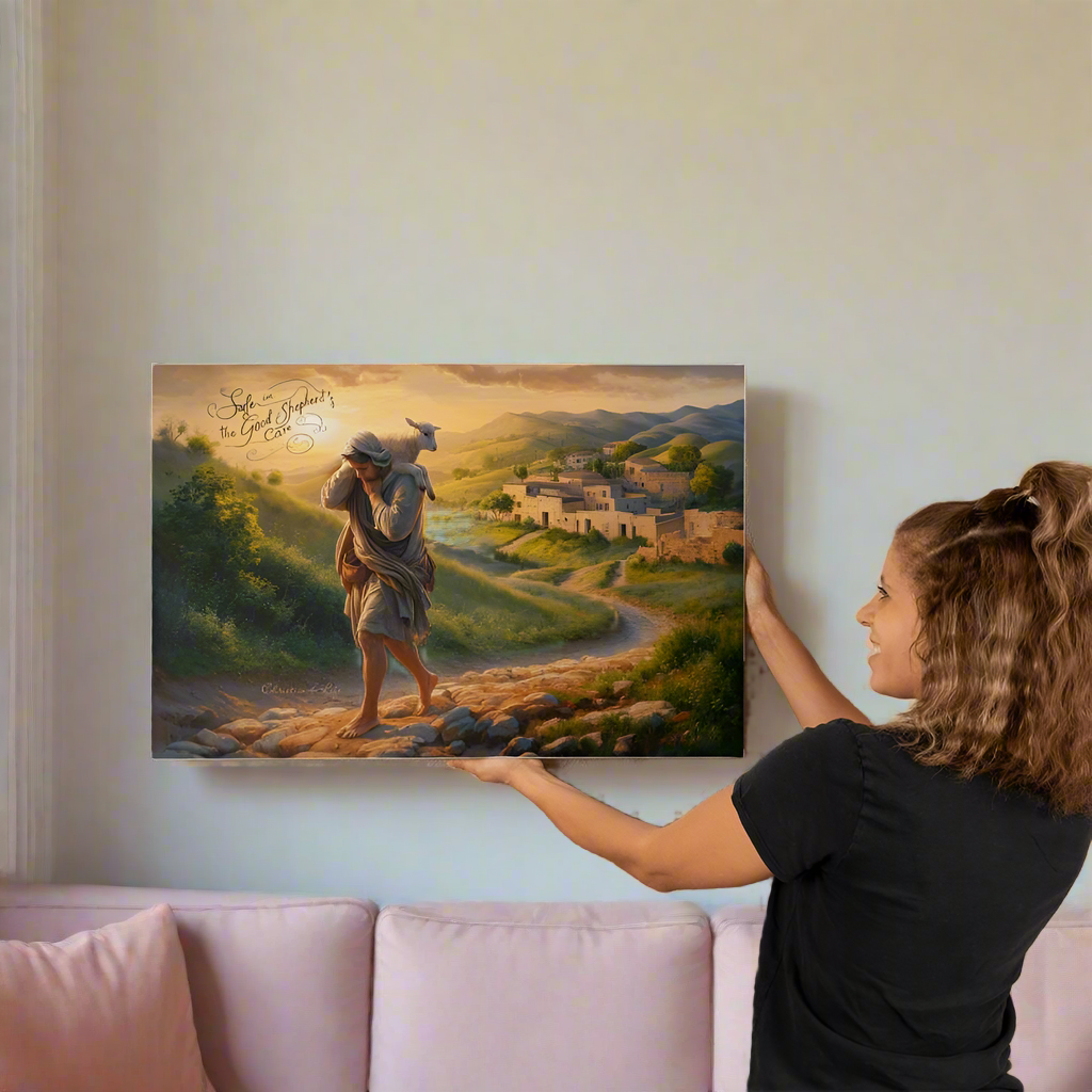 "Safe in the Good Shepherd's care" Gallery Wrapped Christian Wall Art Canvas (3:2)