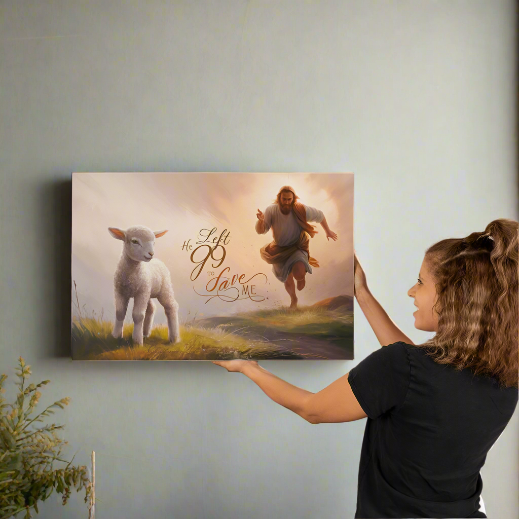 "He Left 99 to Save Me" Oil Style Gallery Wrapped Christian Wall Art Canvas (3:2)