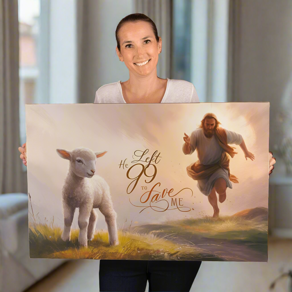 "He Left 99 to Save Me" Oil Style Gallery Wrapped Christian Wall Art Canvas (3:2)